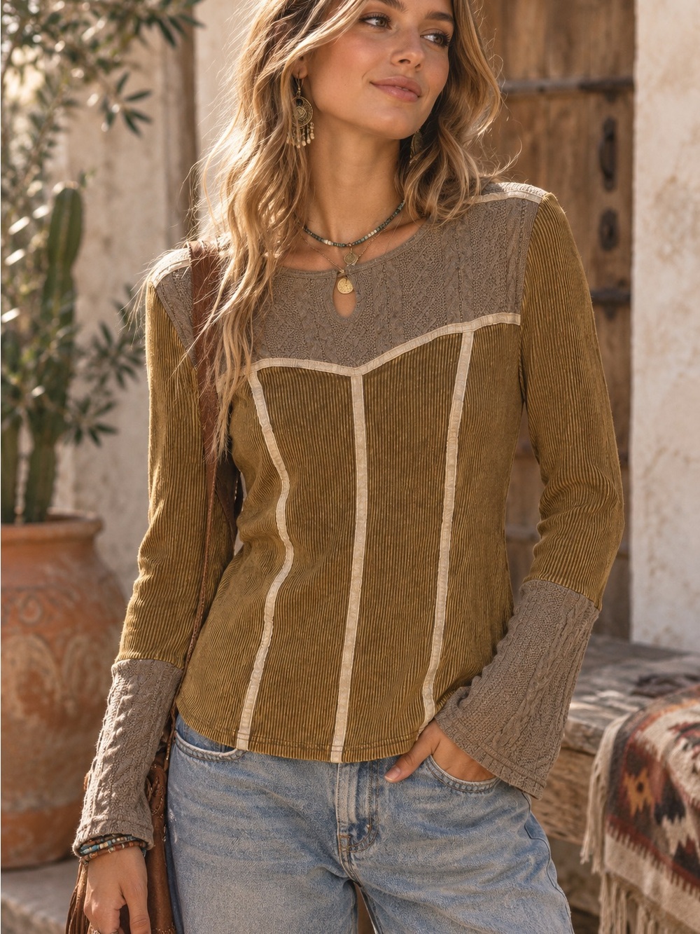 Gimmicks BKE Boho Patchwork Knit Top Western Cowgirl Cottagecore Knit Sleeve